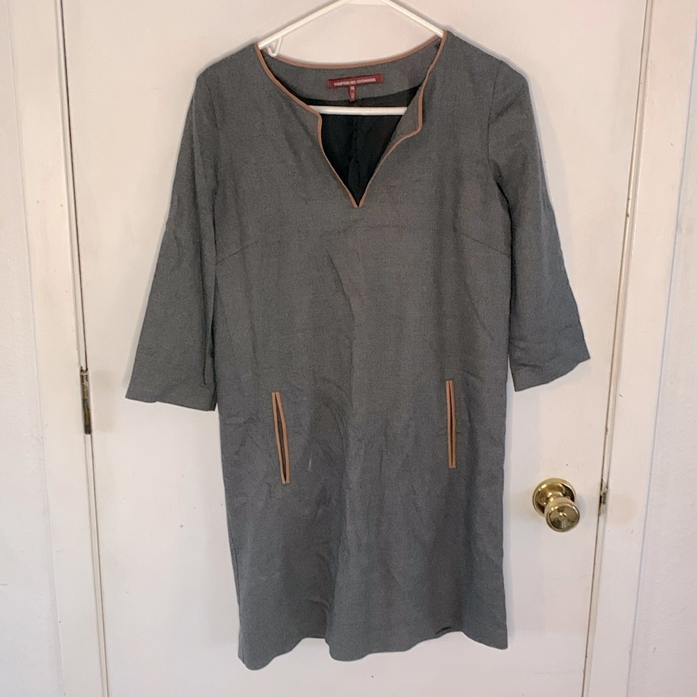 Comptoir Des Cotonniers grey wool blend shift dress with leather trim Size 6